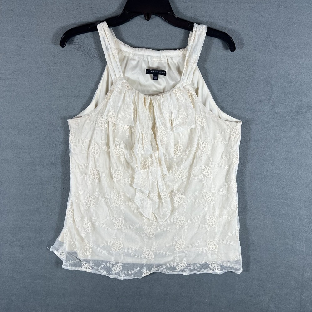 Elena Solano Women's Ivory Lace Ruffle Sleeveless Tank Blouse Top Size L